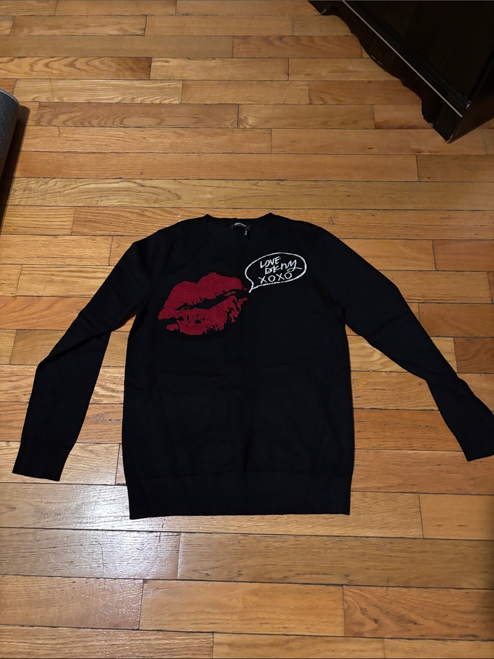 DKNY Black Crewneck Sweater with Red Lip Graphic